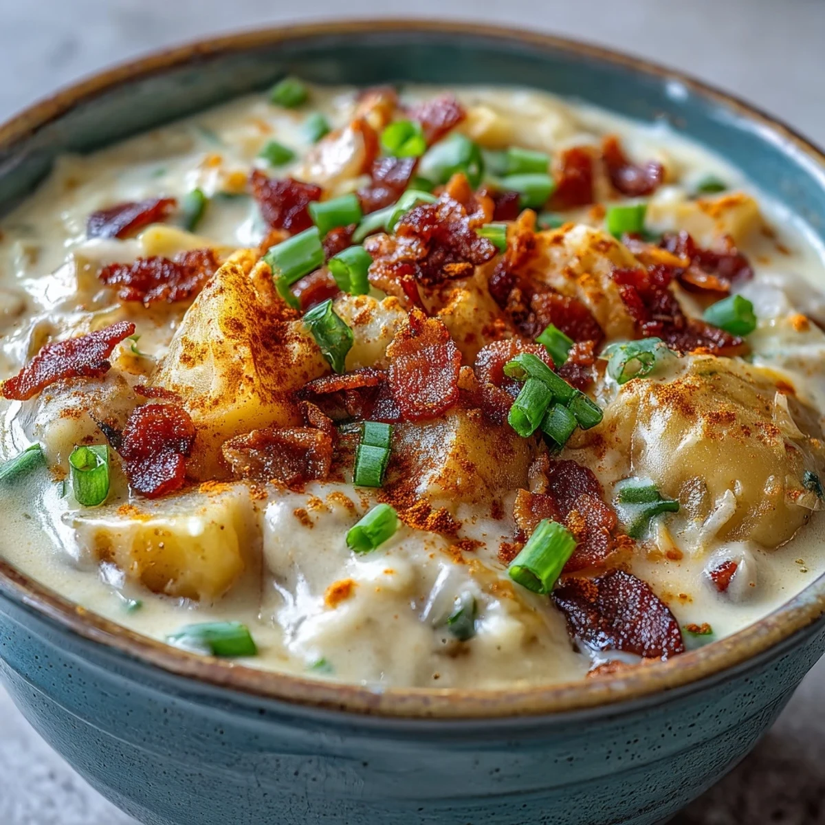 Spoon dipping into velvety Loaded Potato Soup topped with extra cheese, green onions, and crispy bacon crumbles.
