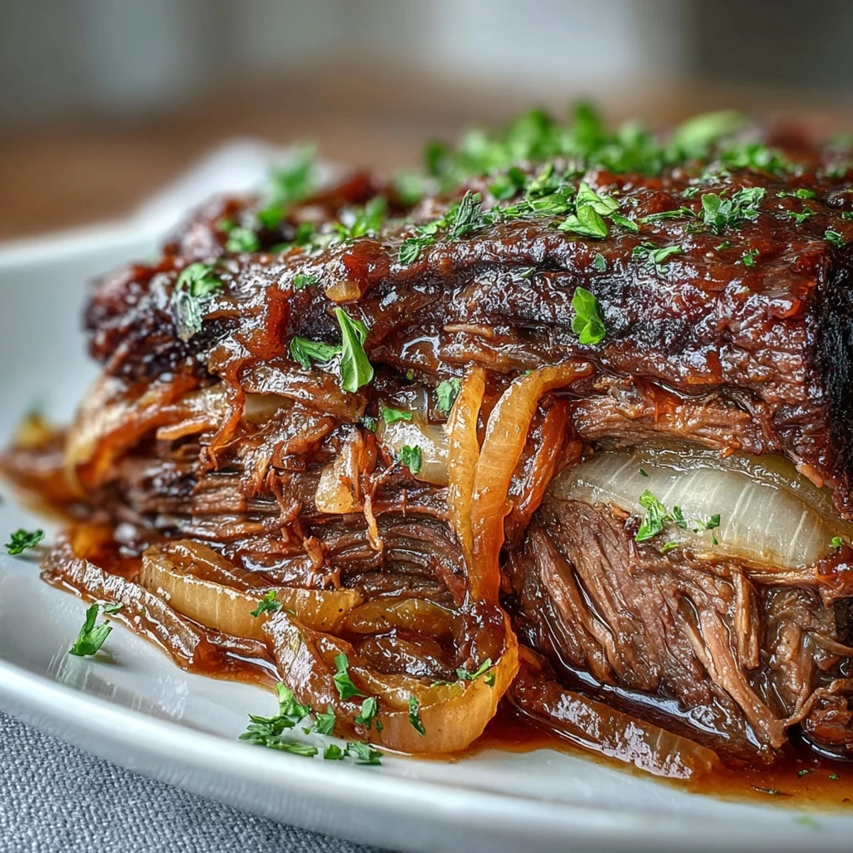 Savory Crock Pot French Onion Pot Roast with tender, shredded beef, caramelized onions, and melted Gruyere in the slow cooker.