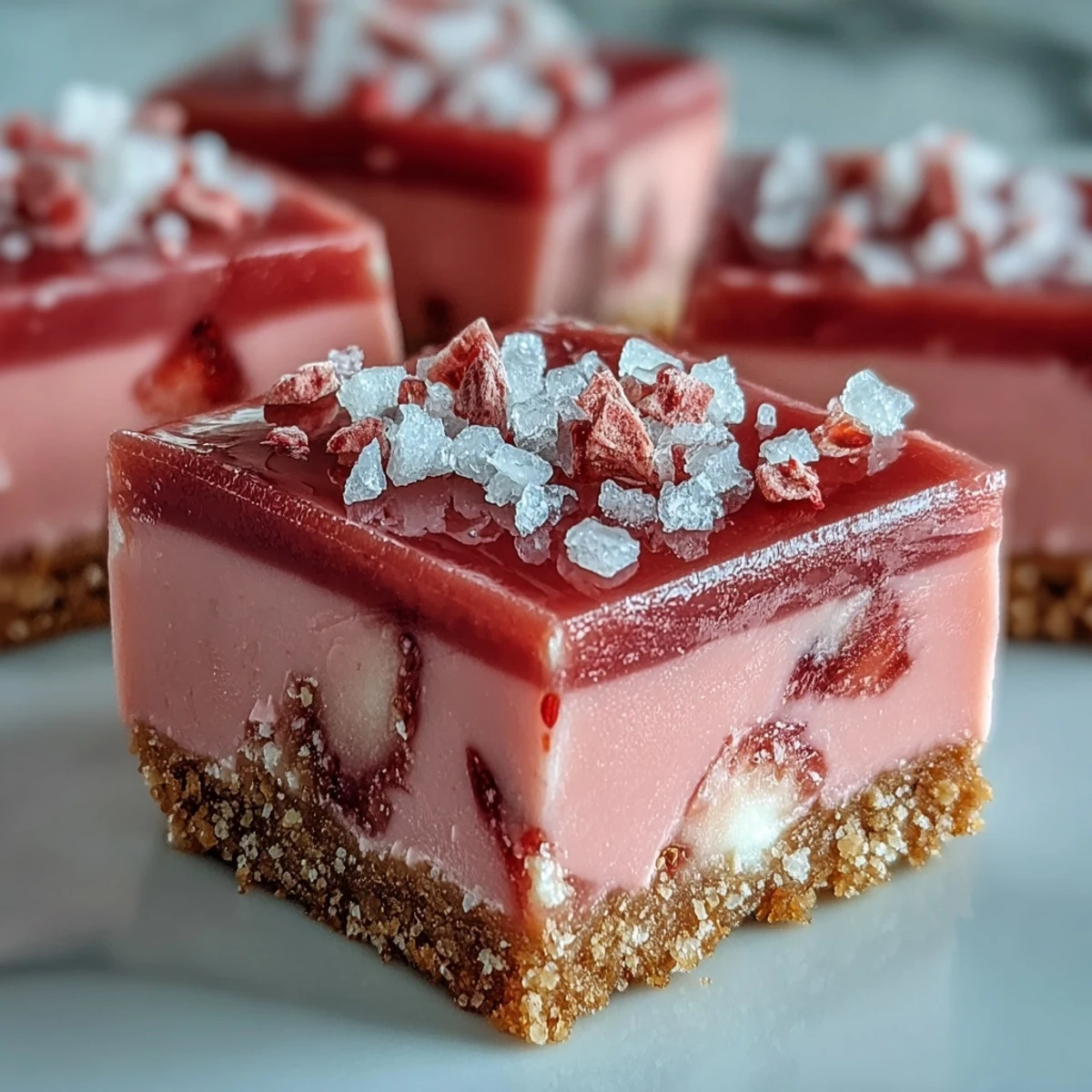 A close-up of No-Bake Strawberry Fudge Squares revealing a creamy white chocolate texture and crunchy graham cracker crust base.