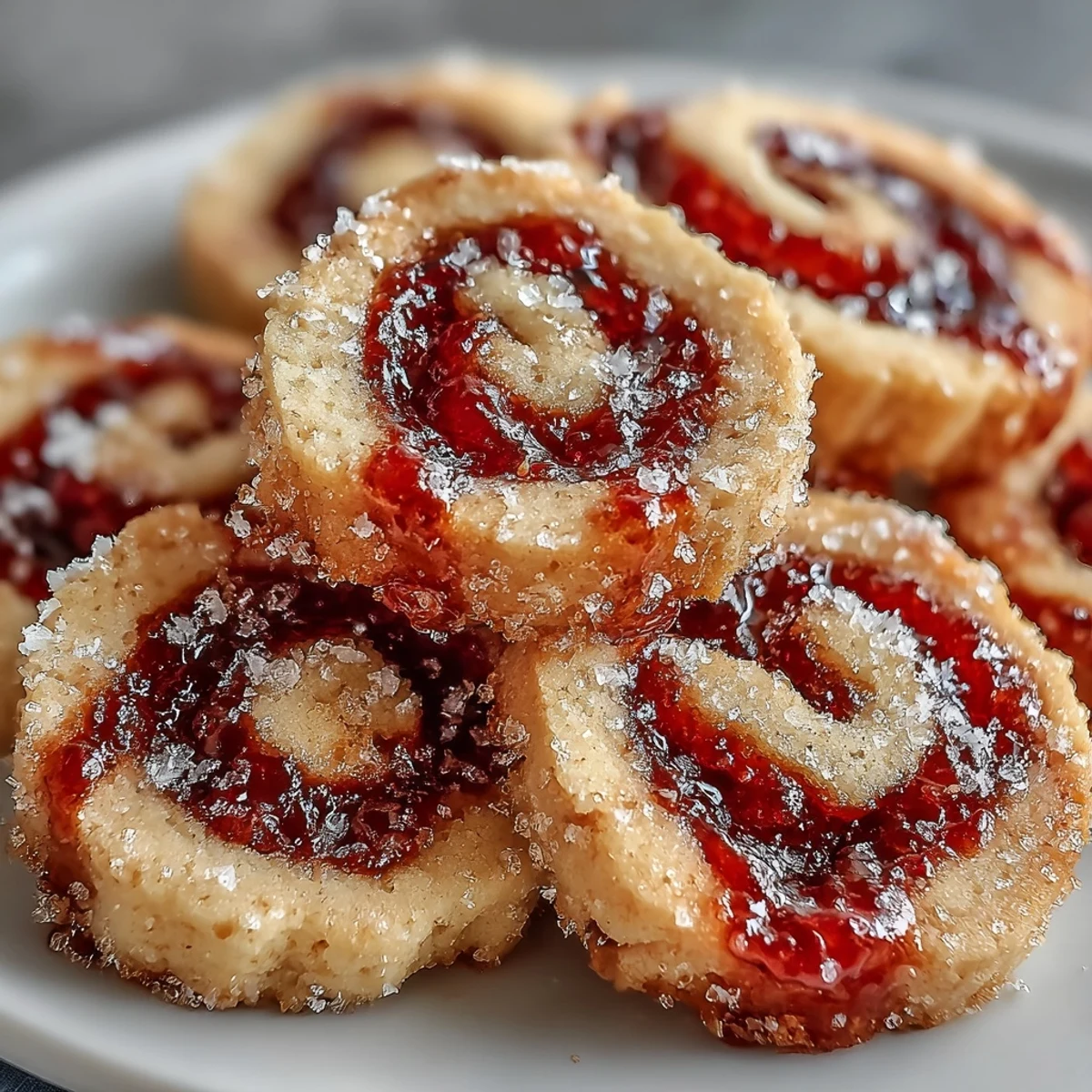 Homemade Raspberry Swirl Shortbread Cookies are plated with tea, showcasing the crisp shortbread and bright jam center.