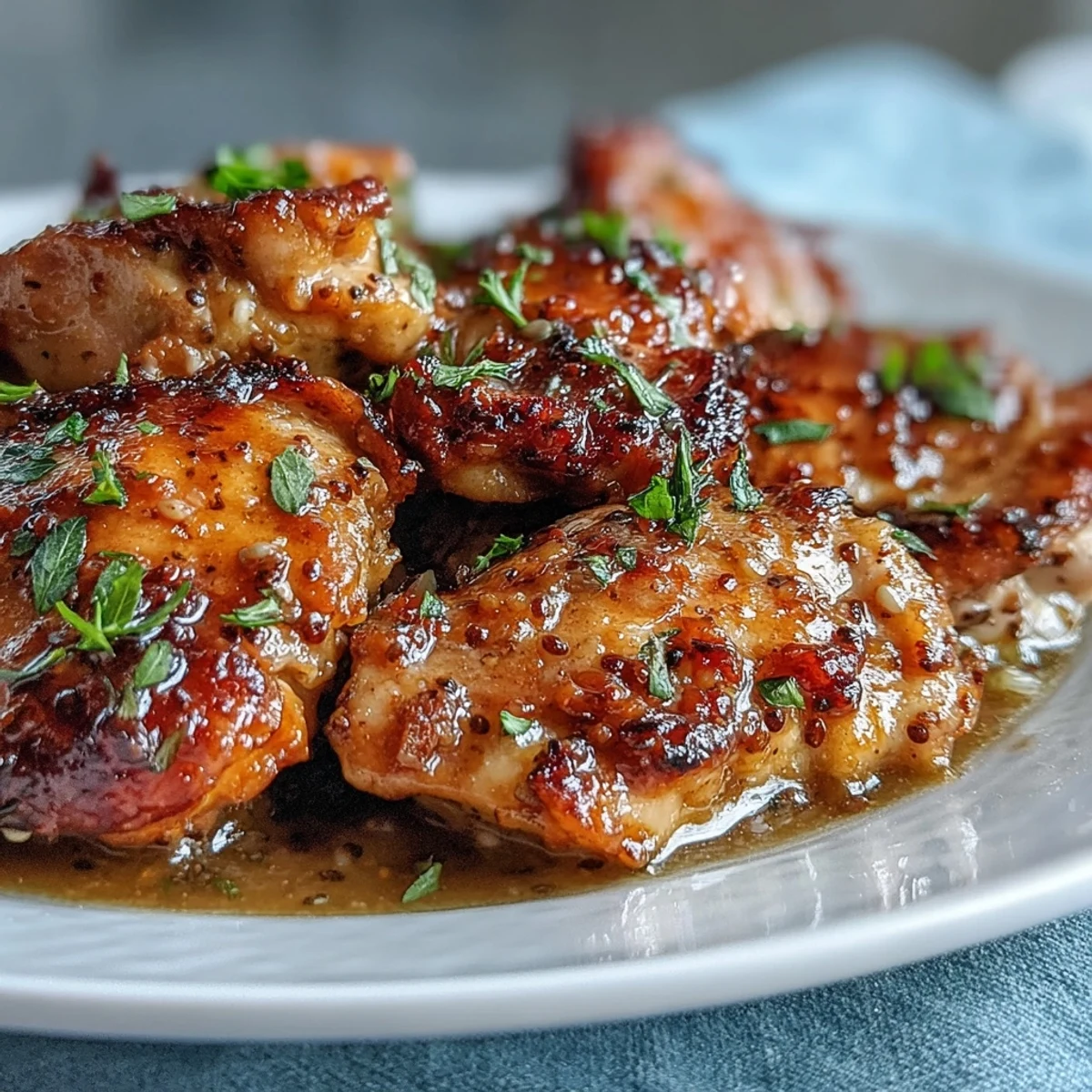 A close-up of tender Slow Cooker Honey Mustard Chicken coated in a glossy, savory sauce with garlic and herbs.