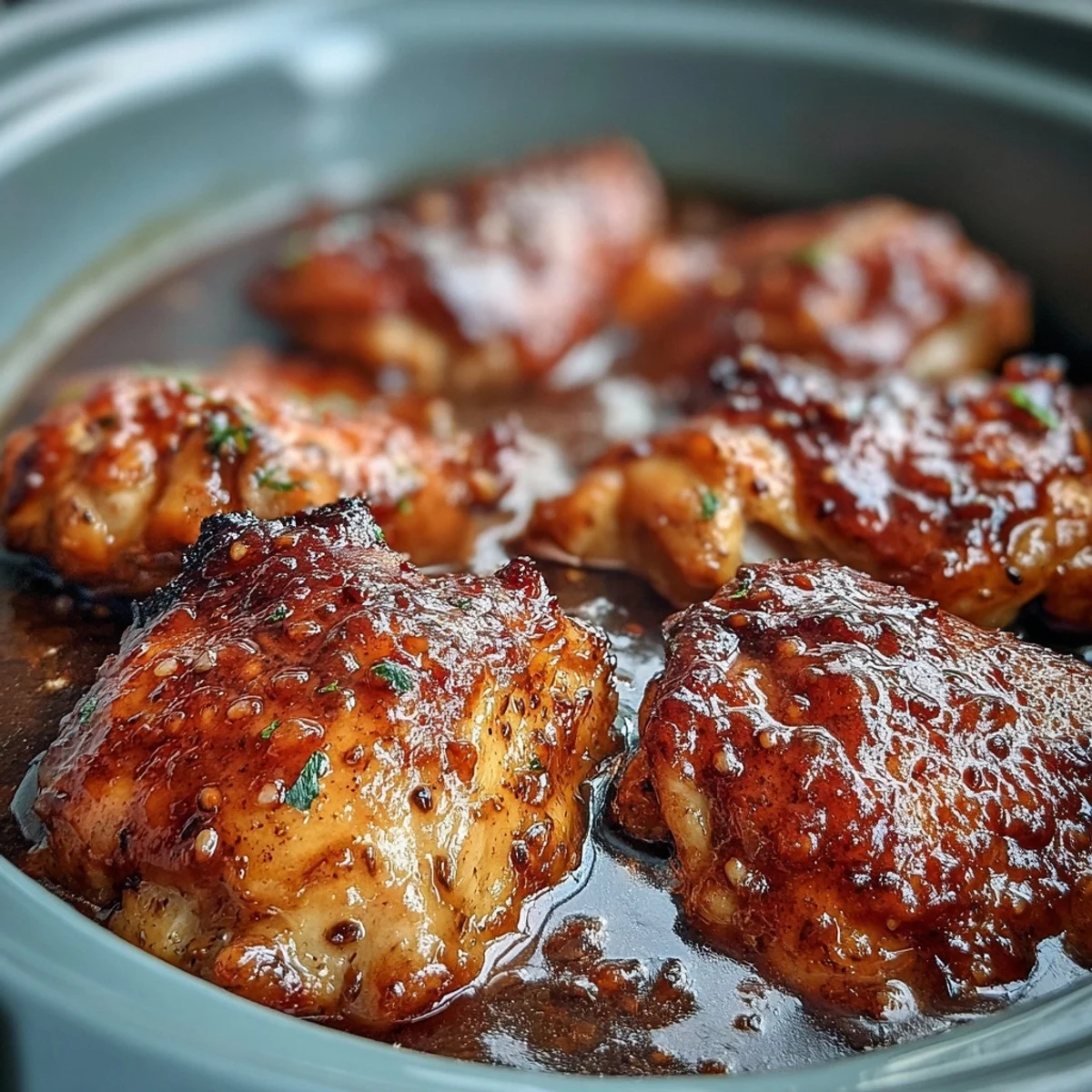 Tender Slow Cooker Honey Mustard Chicken plated beside creamy mashed potatoes, drizzled with extra honey mustard sauce for dipping.