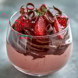 Close-up of Chocolate-Covered Strawberry Mousse, showing silky chocolate and a mint garnish, served chilled in elegant dessert glasses.