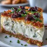 A close-up slice of Kalamata Cheesecake Appetizer, showing creamy filling with herbs and a drizzle of olive oil.  