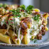 Hearty Cottage Cheese Protein Pasta Bake with Ground Beef served in a skillet, showing creamy cottage cheese and rich tomato sauce.