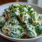 Tender Brussels sprouts coated in a rich cream cheese and Dijon sauce, with visible flecks of aromatic onion and garlic.