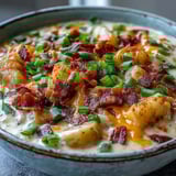 Steaming Loaded Potato Soup with creamy melted cheddar and crumbled bacon served alongside a fresh dinner roll.