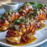 Golden sea scallops seared in a lemon butter sauce, garnished with fresh parsley and lemon wedges.