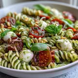 Fresh basil pesto coats tender pasta with juicy cherry tomatoes and creamy mozzarella in this colorful dish.