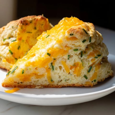 Warm, golden cheddar and chive scones fresh from the oven, offering a delightful savory taste.
