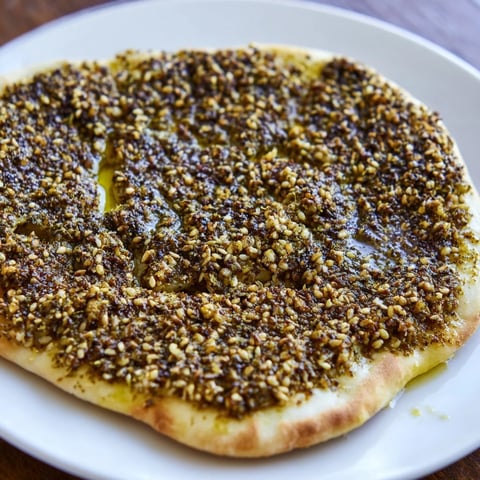 Golden-brown Levantine Zaatar Bread with toasted sesame seeds and drizzled olive oil, perfect for snacking.