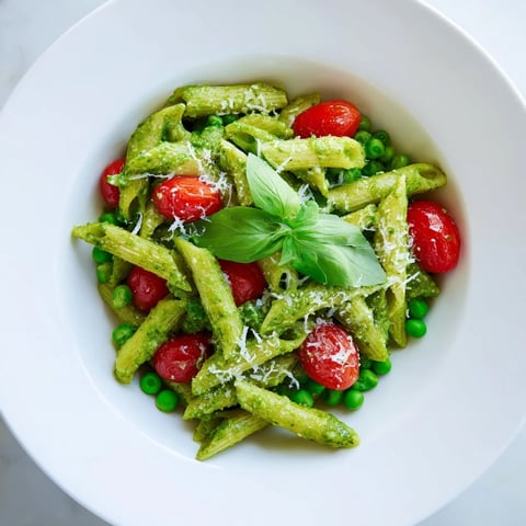 Tossing vibrant Green Pesto Pasta Salad with halved cherry tomatoes, sweet peas, and fresh basil leaves in a mixing bowl.  