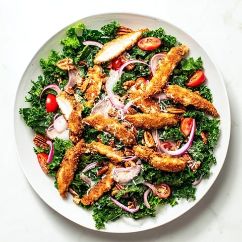 Crispy Chicken Kale Salad features golden-brown fried chicken cutlets served over vibrant, massaged kale with a tangy maple-Dijon dressing.