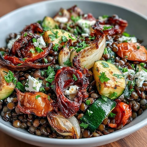 A close-up of the Black Lentil Salad with Roasted Vegetables, showcasing glistening olive oil and fresh parsley on warm beluga lentils.  