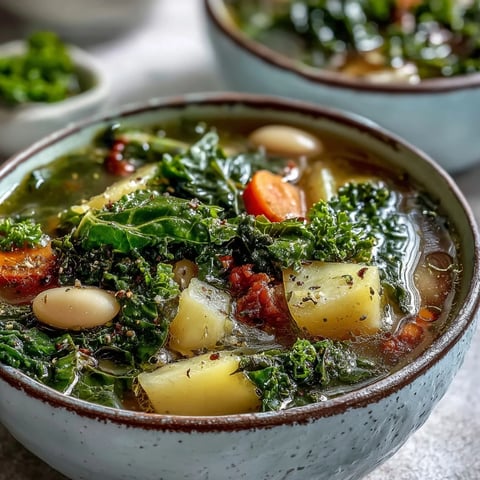 A steaming bowl of hearty Kale Soup with tender kale leaves, carrots, and creamy cannellini beans in a rustic setting.