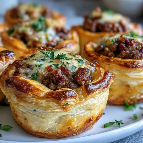 Golden-brown Mini Beef Tourtières with flaky cream cheese pastry and a savory, spiced beef filling.