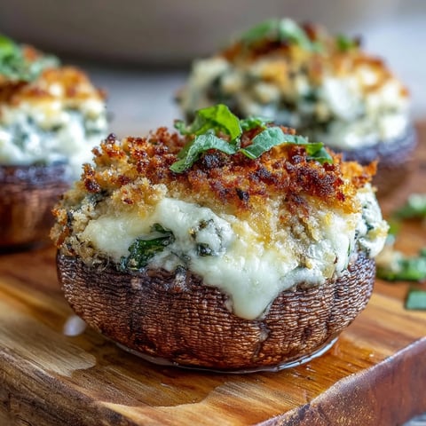 Golden-brown Stuffed Asiago-Basil Mushrooms, with melted cheese and fresh herbs, arranged on a rustic wooden serving platter.