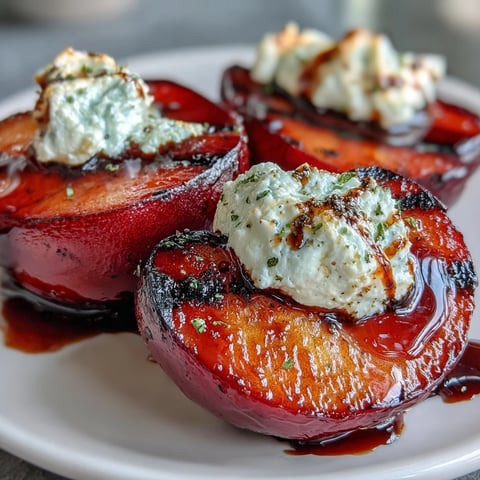 Golden grilled plum halves topped with creamy goat cheese and a drizzle of balsamic glaze on a rustic platter.  