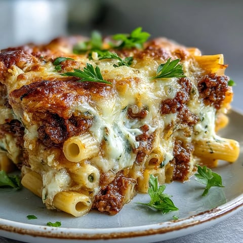 Golden-brown Cottage Cheese Protein Pasta Bake with Ground Beef bubbling with mozzarella in a white ceramic dish, garnished with fresh basil.