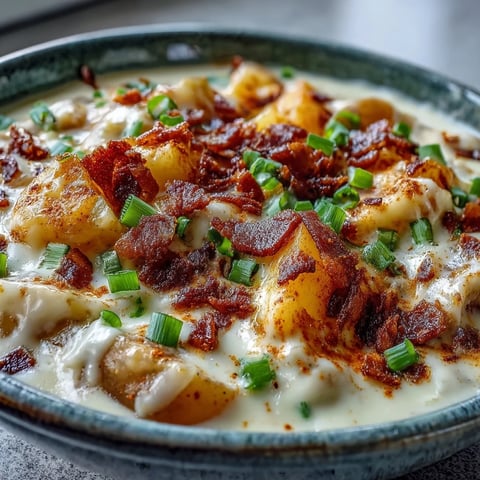 A warm bowl of Loaded Potato Soup garnished with crispy bacon bits, shredded cheddar, and fresh green onions.