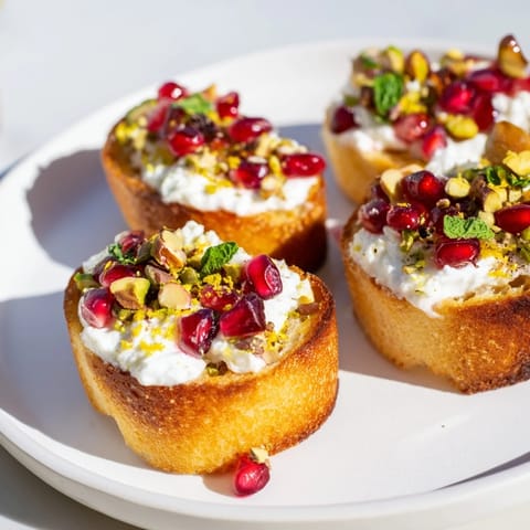 Close-up shot showing the colorful layers of a freshly made Festive Pomegranate and Goat Cheese Crostini appetizer.