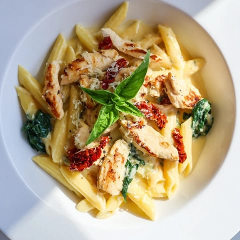 Imagine the flavorful Creamy Tuscan Chicken Pasta, showcasing sliced chicken over perfectly cooked pasta and spinach.