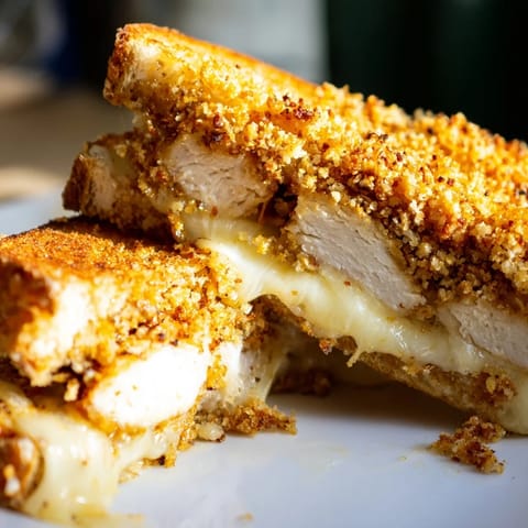 Mouthwatering, golden-brown Crispy Parmesan Chicken Thighs Grilled Cheese sandwiches freshly cut and ready to enjoy.
