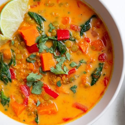 A rich and creamy Lentil Red Curry Soup, a visually appealing and delicious vegetarian dish.