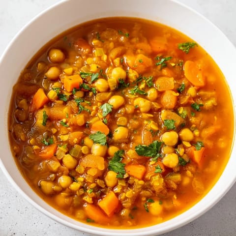 Close-up of a flavorful North African Harira Soup, packed with lentils, tomatoes, and aromatic spices ready to eat.