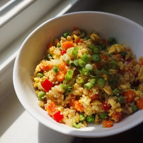 A close-up of savory cauliflower fried rice topped with green onions and sesame seeds.