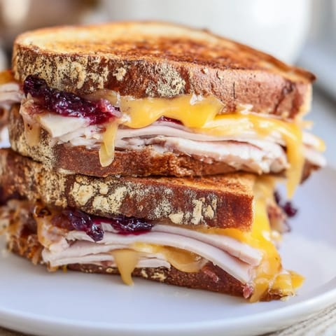 This classic smoked turkey grilled cheese showcases juicy turkey breast and zesty cranberry sauce between perfectly crisped, buttery bread slices.