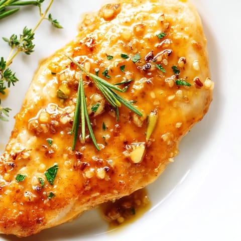 A close-up of golden-brown honey Dijon chicken in a skillet, surrounded by fresh thyme and rosemary sprigs, perfect for gluten-free meals.