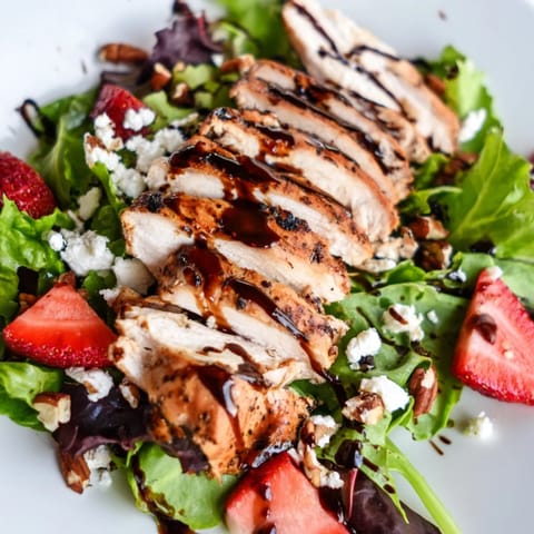 Fresh grilled chicken slices and sliced strawberries on mixed greens with crumbled feta and toasted pecans, drizzled with glossy balsamic glaze.