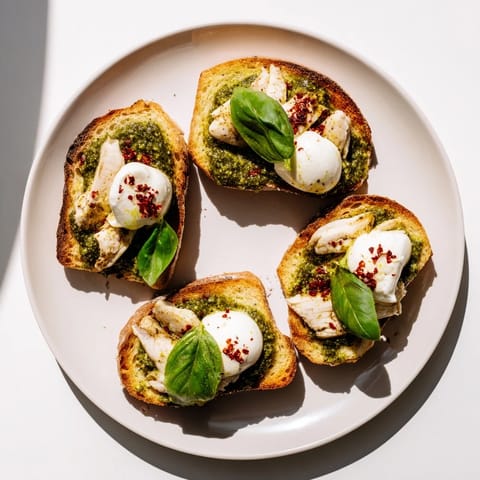 A vibrant plate of Pesto Chicken Burrata Toast features warm chicken, melted burrata, and aromatic basil pesto on a crisp sourdough base.