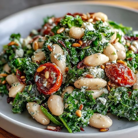 Creamy white beans and massaged kale in a vibrant White Bean and Kale Salad, tossed with cherry tomatoes and a lemony dressing.