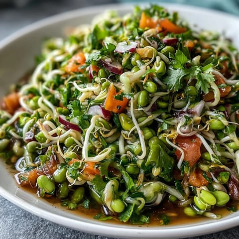 Brightly colored Sprouted Seed Salad with crisp mung bean sprouts, diced tomato, and grated carrot tossed in a zesty lemon vinaigrette.