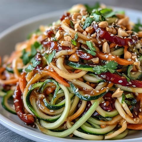 This fresh Raw Vegetable Noodle Salad features colorful cabbage and cucumber in zesty sesame-ginger dressing.