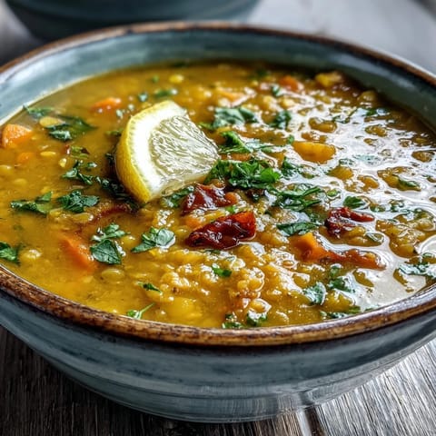 Golden mung beans simmered with carrots and spices in a hearty, gluten-free Indian soup ready to serve hot.  