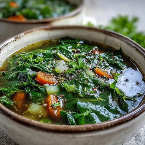 Swiss Chard Soup served hot in a white bowl, showing tender green chard leaves and diced carrots in a light broth.  
