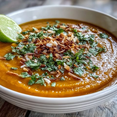 Velvety Carrot and Coconut Soup with sweet carrots and coconut milk, simmered with ginger and coriander spices.