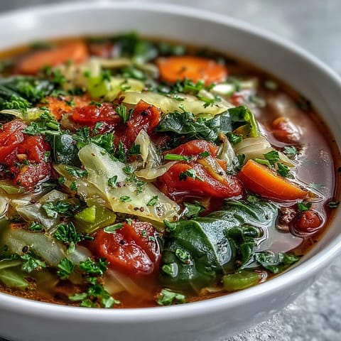 A steaming bowl of healthy Cabbage Soup served with crusty whole-grain bread on a rustic wooden table.