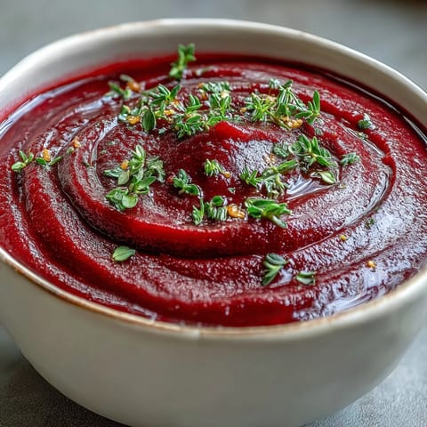 A bowl of velvety roasted beet soup with a creamy texture, served alongside crusty artisan bread for dipping.