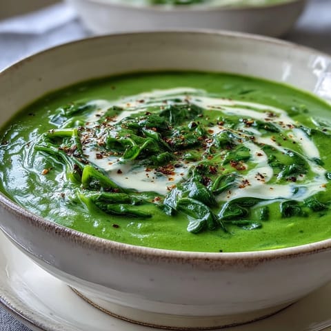 Vibrant green Spinach Soup in a rustic bowl with a slice of crusty bread, highlighting the velvety texture and fresh herbs.