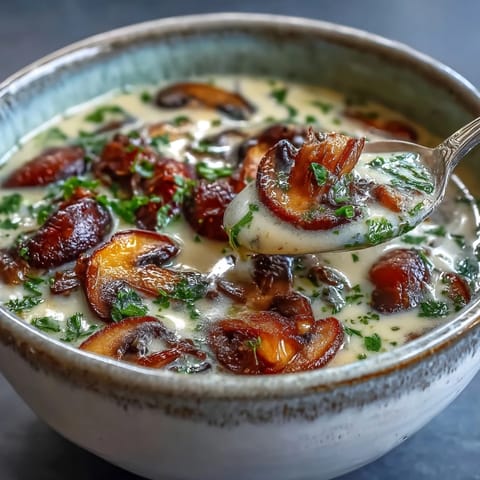 Earthy mushroom soup simmering with thyme and a swirl of heavy cream, perfect for a cozy dinner.  