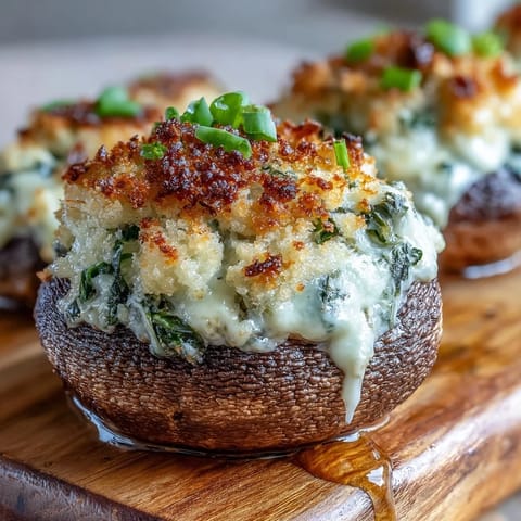 Freshly baked Stuffed Asiago-Basil Mushrooms topped with melted cheese, served warm as an elegant appetizer on a plate.