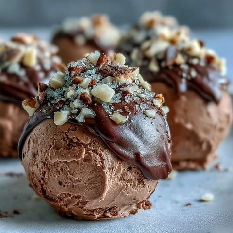Decadent chocolate truffles coated in chopped nuts, resting on a marble surface, offering a gluten-free dessert bite.
