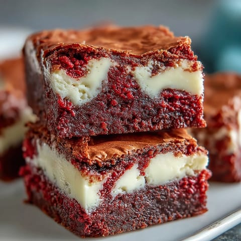 Freshly baked Red Velvet Cheesecake Brownies with rich red swirls and creamy filling on a wooden board.  