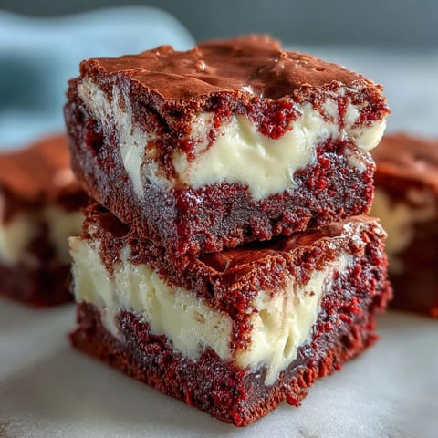 Slice of Red Velvet Cheesecake Brownie revealing moist cocoa layers and velvety cheesecake on a marble slab.  