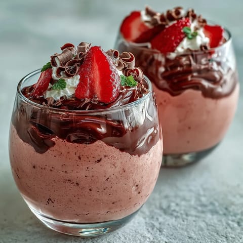 Chocolate-Covered Strawberry Mousse layered in a glass, with rich ganache over pink, airy strawberry mousse topped by a fresh strawberry.