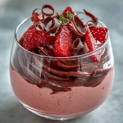 Close-up of Chocolate-Covered Strawberry Mousse, showing silky chocolate and a mint garnish, served chilled in elegant dessert glasses.